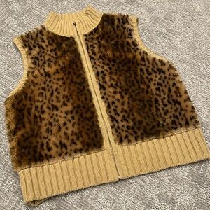 Nina Leonard Leopard Faux Fur Zip Vest - Knit Trim - Size Large